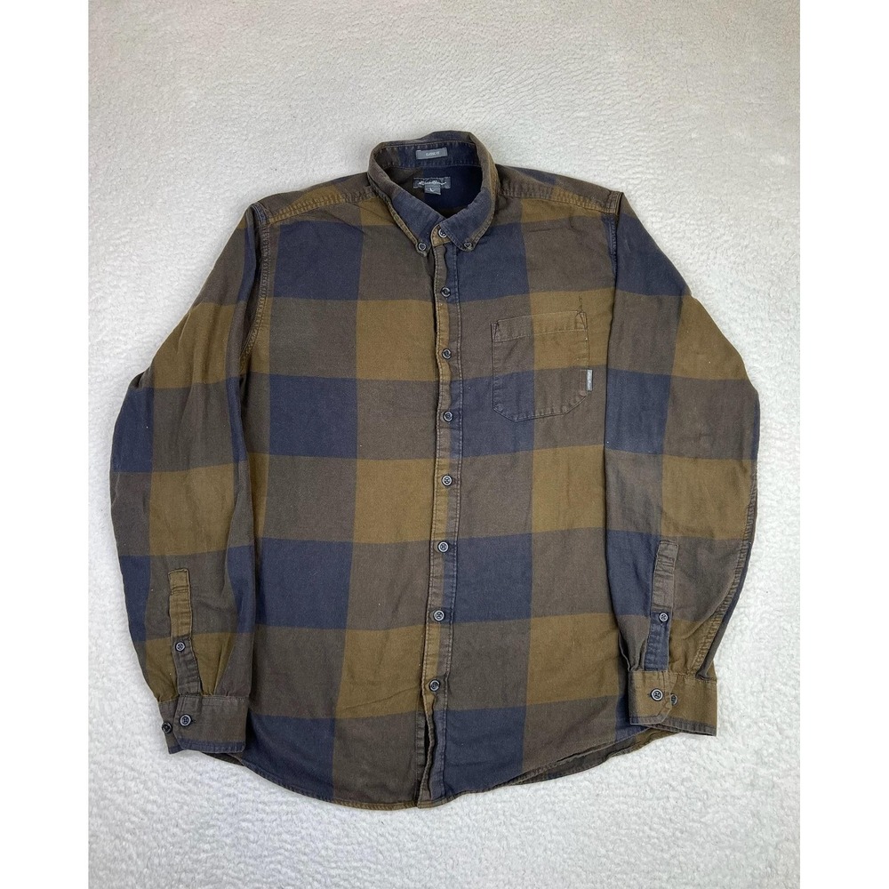 Eddie Bauer Shirt Mens LT Brown Plaid Cotton Twill Long Sleeve Button Up Casual
